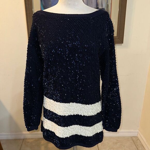 ADRIENNE VITTADINI Navy/White Sequin Striped Women's Long Sweater Size Large - Picture 4 of 10